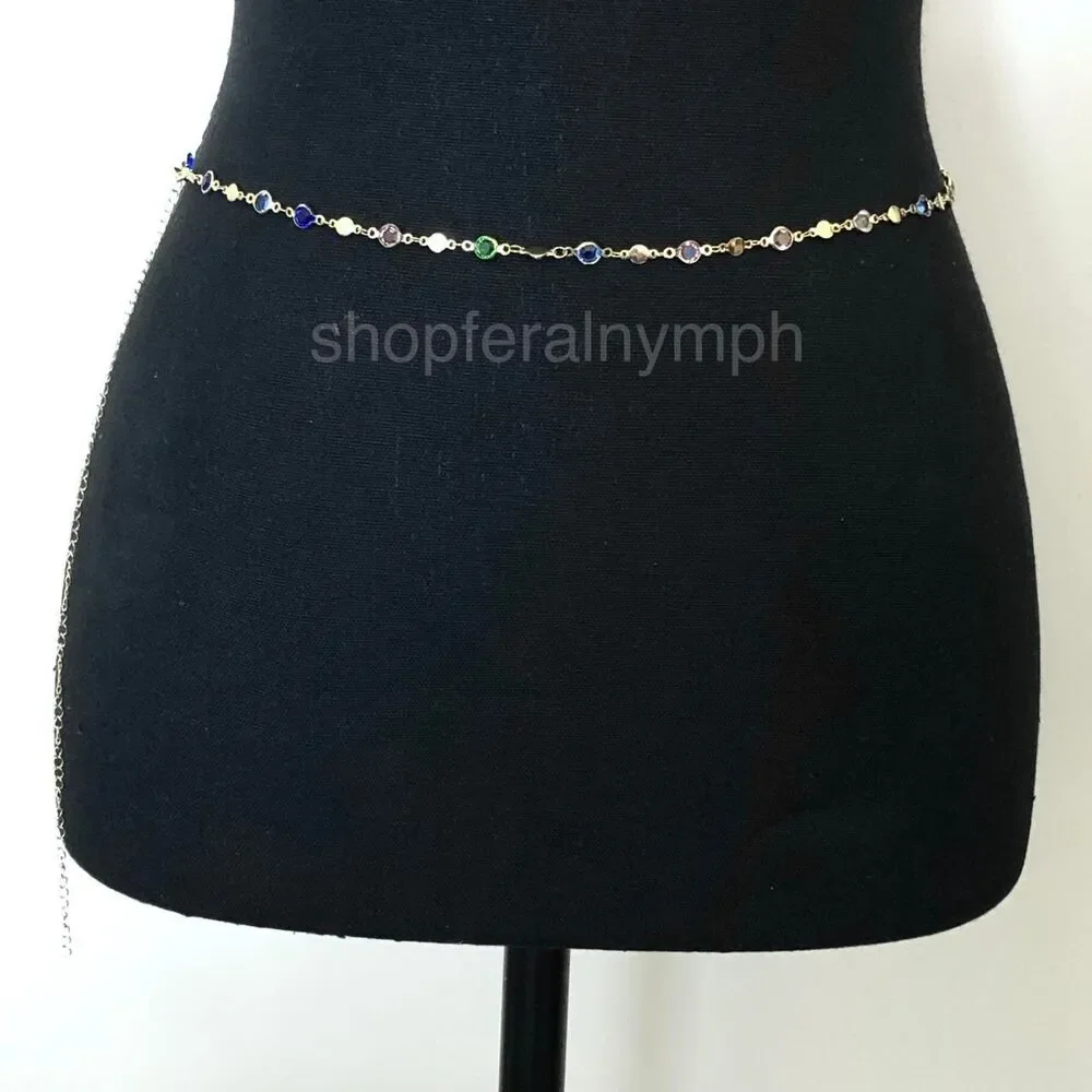 Y2K Cyber Multicolor Rhinestone Gold Chain Belt, Up to 37 Inches, X7GA1134